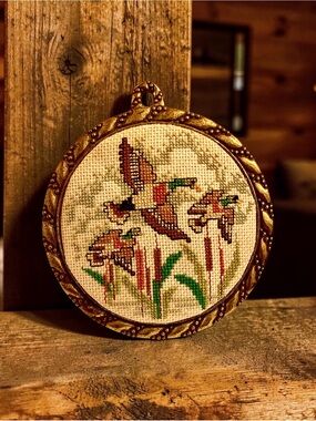 Rustic cabin art -  Completed 1982 cross stitch in ornate gold frame